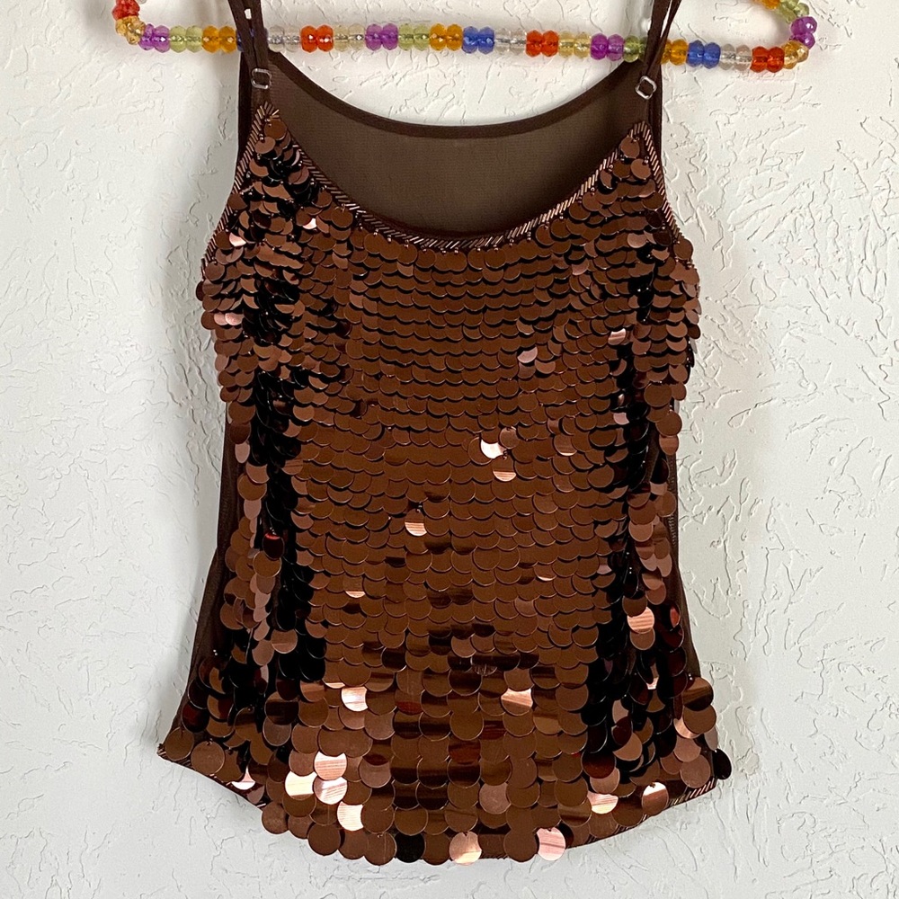 Beautiful camisole top is decorated with large shiny standout brown sequins!